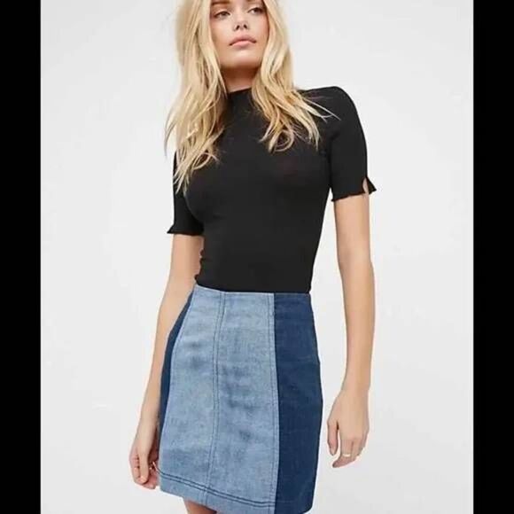 Free People Two Tone Mini Skirt Women's 10 Blue Denim Femme Patchwork Stretch - Picture 1 of 9